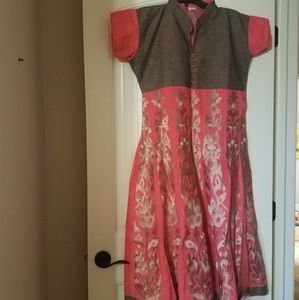 Indian long kurti in brown pink embroidered